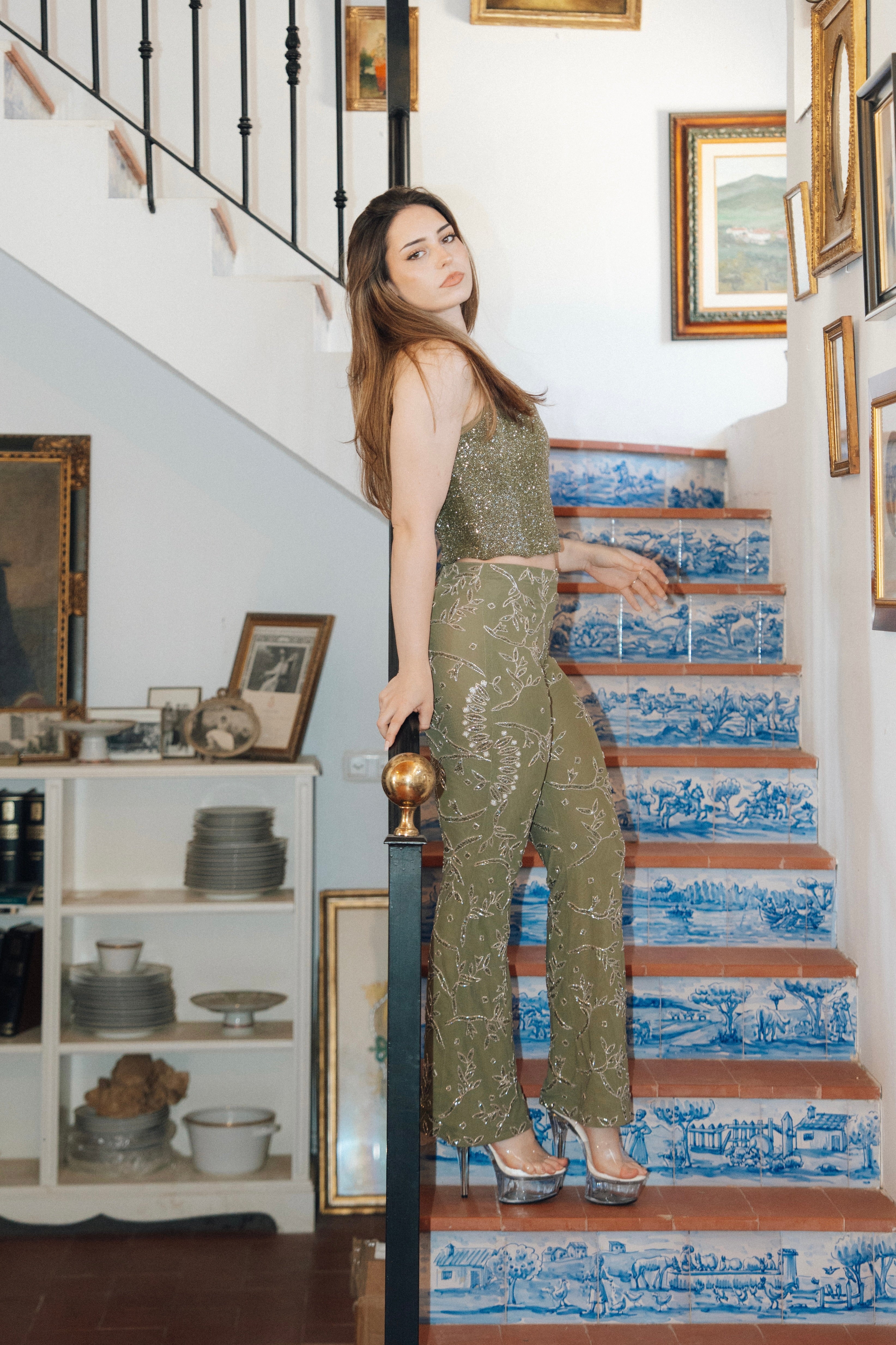 Earthly Temptation – Khaki Beaded Corset and Flared Trousers