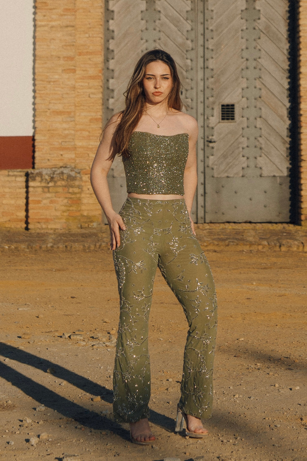 Earthly Temptation – Khaki Beaded Corset and Flared Trousers