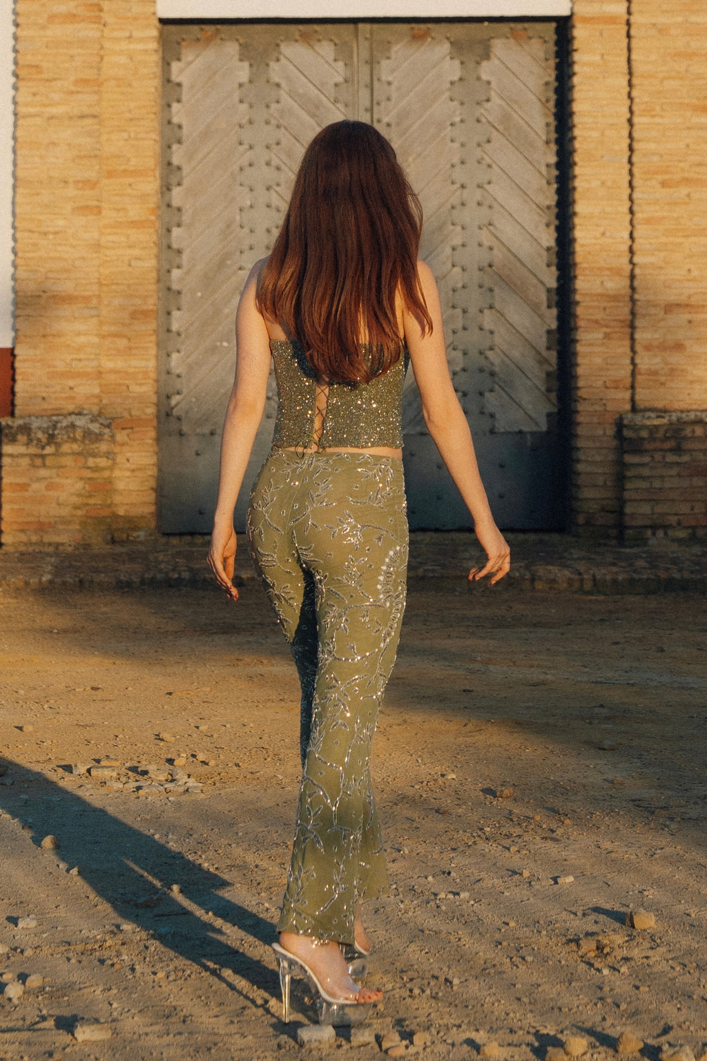 Earthly Temptation – Khaki Beaded Corset and Flared Trousers