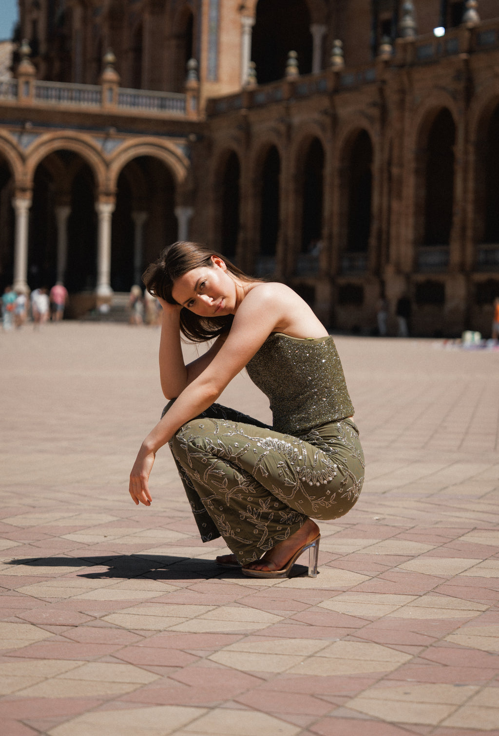 Earthly Temptation – Khaki Beaded Corset and Flared Trousers