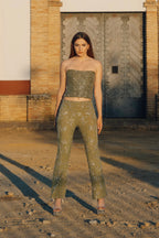 Earthly Temptation – Khaki Beaded Corset and Flared Trousers