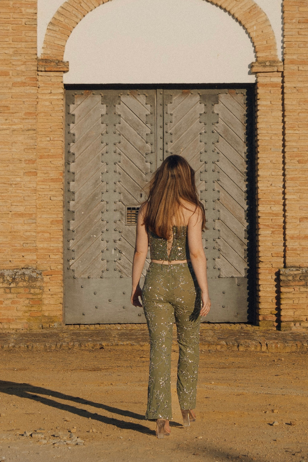Earthly Temptation – Khaki Beaded Corset and Flared Trousers