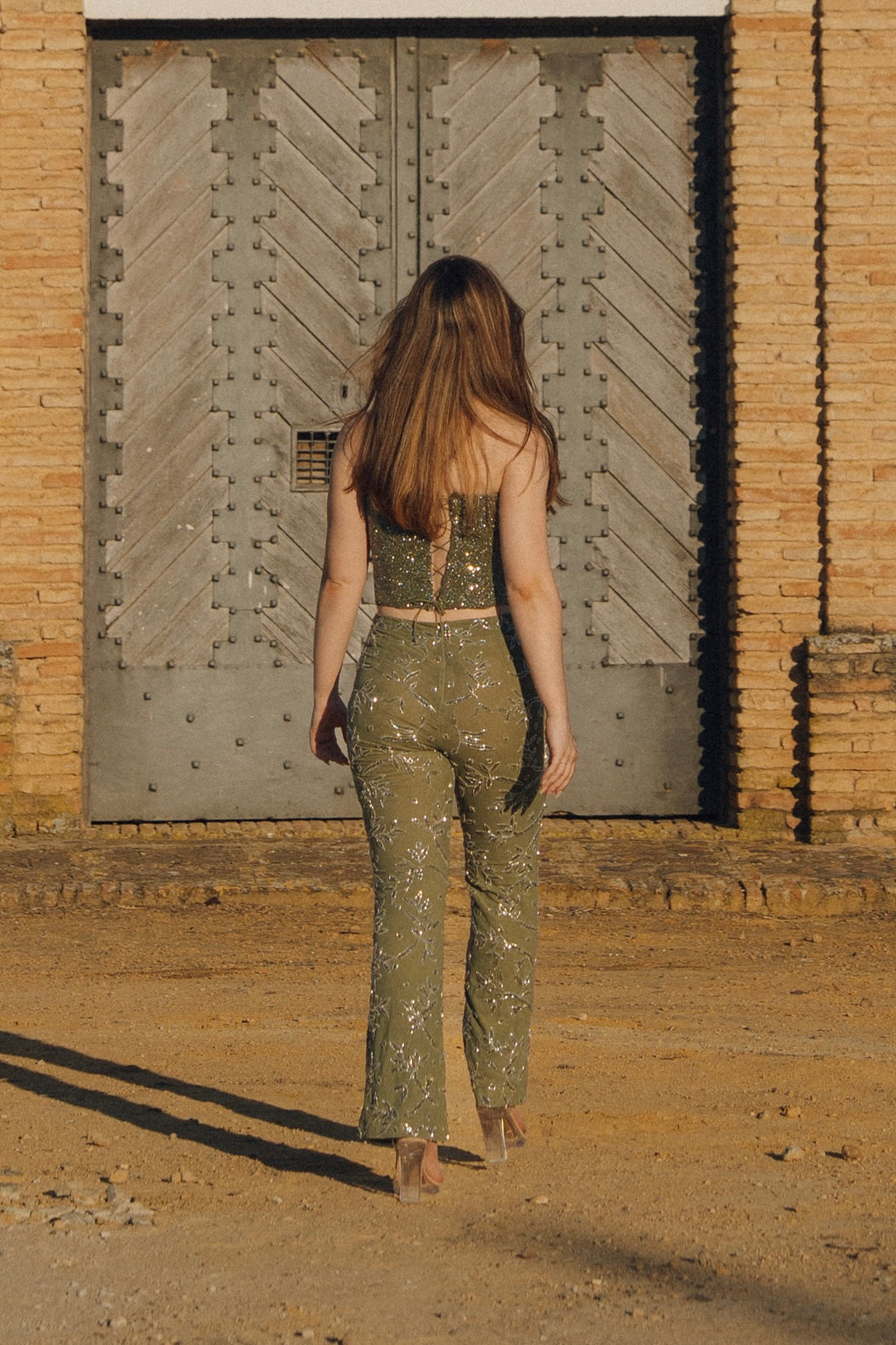Earthly Temptation – Khaki Beaded Corset and Flared Trousers
