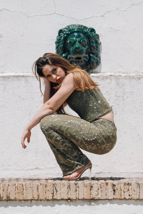 Earthly Temptation – Khaki Beaded Corset and Flared Trousers