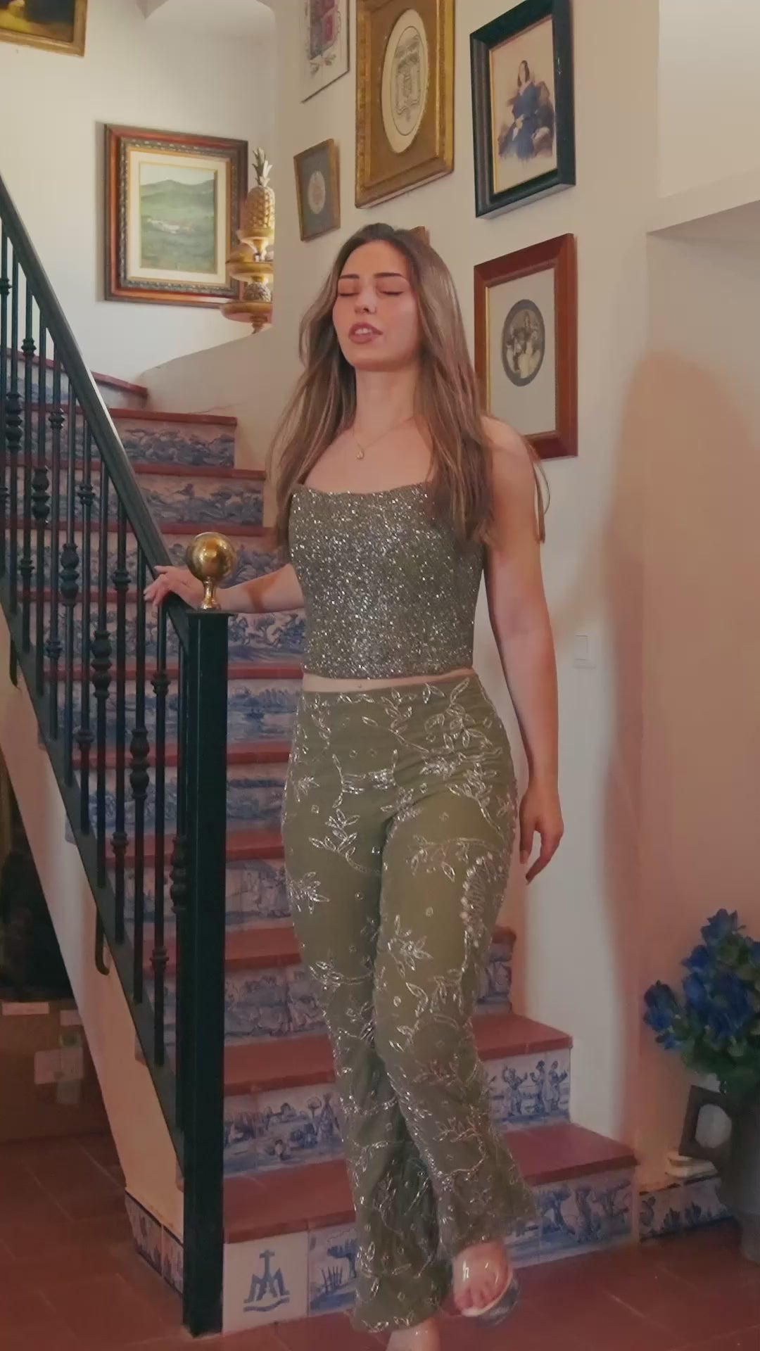 Earthly Temptation – Khaki Beaded Corset and Flared Trousers